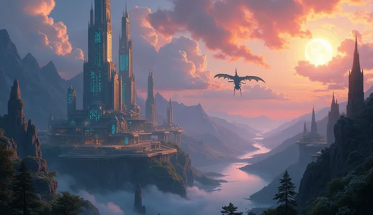 Imagine a world where magic and technology coexist in harmony, creating a seamless blend of futuristic advancements and ancient mystical powers. Picture towering skyscrapers adorned with intricate runes, glowing with ethereal energy, while dragons soar ove...