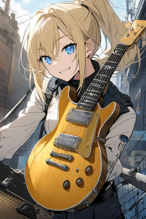 blonde ponytail, chest,  smiles, deep blue eyes ,  guitar ,