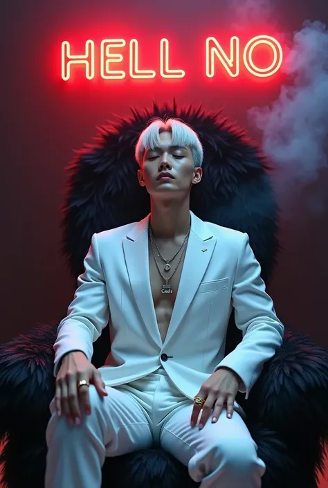 a stylish matured white short hair and tightly eyes beautiful Korean boy and has pale skin, sitting casually on a luxurious Black cloud throne feathers chair  in the middle, wearing a white elegant suit,gold ring, silver necklace with printed name Calix, l...