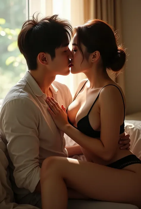 (photorealism:1.2), beautiful Korean busty woman, hairdo style, wear sexy lingerie, sitting in his lap of a young Korean man that hug and touch her , and kiss her neck, passionate couple, erotic pose,  indoors, strong lighting,light room, they are looking ...