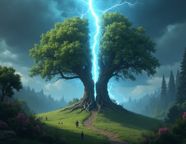 on a hill in a magical forest ,  a giant almond tree is split in half by lightning,  people run out 