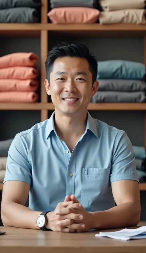  A male Asian anchor sits in front of a table explaining her products，Dress casually，The characters make up 20 in the picture %，The background is a shelf of clothes 