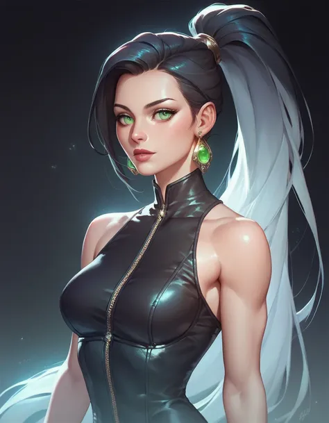 female black sleeveless leather catsuit, bare shoulders, racerback, bare toned arms, beautiful faces, black ponytail with showing forehead, long ponytail, earrings, soft smooth skin, pale skin, black background, green eyes, sci-fi, high contrast, assassin