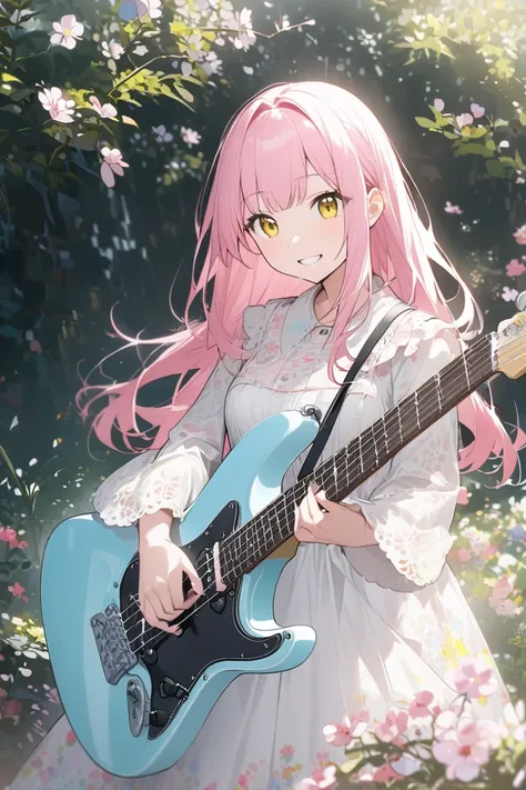  holding an electric guitar 、Smiling Girl with guitar 、 Stratocaster、alone , top quality,  long hair,  pink hair,  princess cut,yellow eyes ,Spring Clothes、