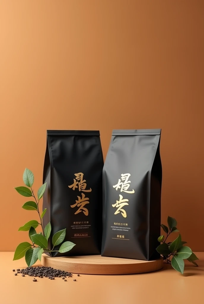 Simple tea ad with brown plain bg with tea and big two black packet of tea and tea grass
