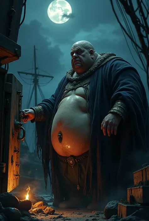 extremely fat greasy man, haunted evil look, shabby medieval noblemans clothing, opens a safe in a moonlit ships hold, (macabre fantasy epic about a heroic deed), (epic fantasy masterpiece), (unforgettable scene), (cinematographic masterpiece), (detailed f...