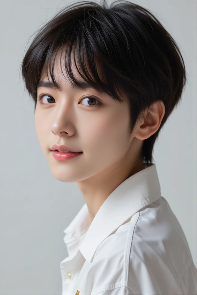  handsome mix korean japanese ten year old, , boy, short black hair, black detailed eyes, gentle smile, sharp eyebrows, round face, cool, detailed face, small nose, posing wtith ssummer wear, facing right, in uniform