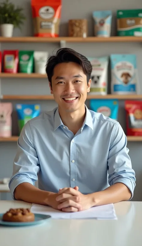  A male Asian anchor sits in front of a table explaining her products，Dress casually，The characters make up 20 in the picture %，The background is a shelf for pet supplies