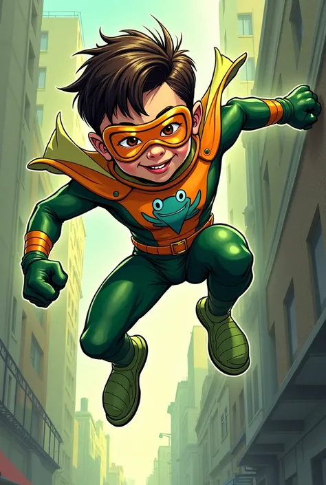  Create for me a comic drawing of a boy who is a superhero with superpowers of a super-jumping frog, strength, Super-tongue ,  clinging to the walls ,  reflections and agility and who wears a green suit , orange, dark green, óculos de lentes de orange e um...