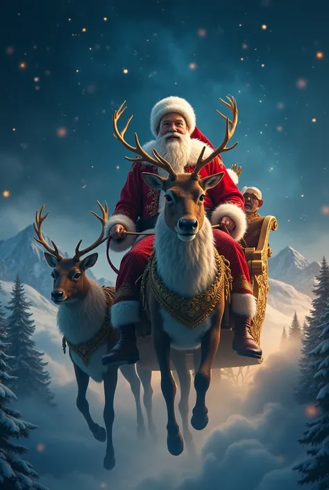 Riding a Sleigh Santa Claus, in front camera, fly in sky night, star , fantasy setting, 8k, masterpiece, detailed