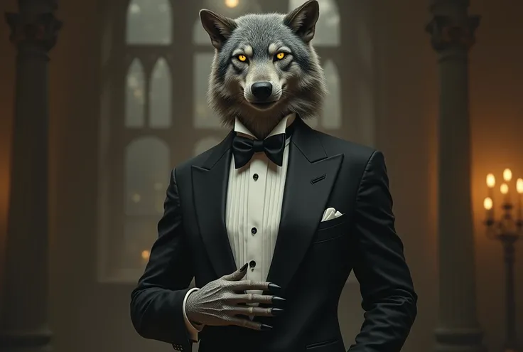 werewolf、White Wolf:1.7、 very gentlemanly werewolf、hairy wolf hand 、Slim face、A werewolf in a tuxedo、british gentleman、