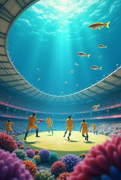 A live cricket match organised in a Stadium that is on the coral reef 