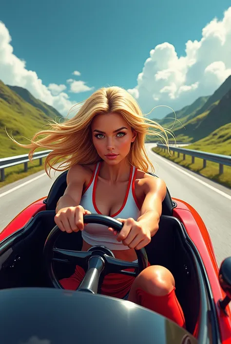 A blond woman in a sports car 