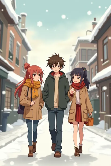 2 girls one boy friend group walking in the snowy streetAnime drawn, 