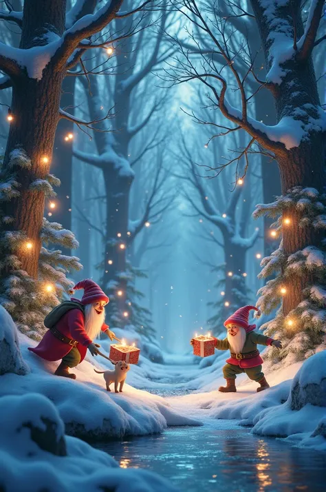 An enchanted Christmas forest with magical glowing trees, elves preparing gifts, and a sparkling frozen lake.