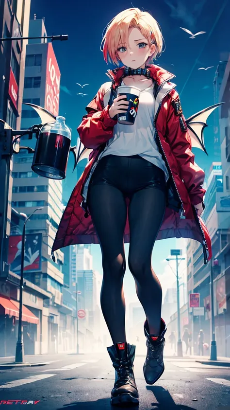  cyberpunk，Android 18，detective，Open your mouth，depressed，Cross Bangs，Collar，Work Clothes，Lace tights，Dragon Wings， behind the head ，Combat boots，Holding a cup，dusk，8-bit games，Photography method