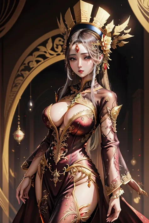 This image is a digital artwork featuring a woman dressed in an elaborate, semi-transparent outfit adorned with intricate designs and accessories. The background includes other figures and ornate elements, suggesting a festive or ceremonial setting.