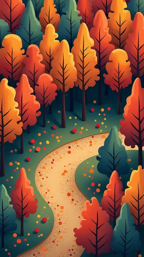 A stylized, colorful landscape illustration depicts a dense forest with various trees.  The trees are depicted with simplified, rounded shapes and vibrant leaf patterns in shades of red, orange, yellow, green, and brown.  The style suggests a like or whims...