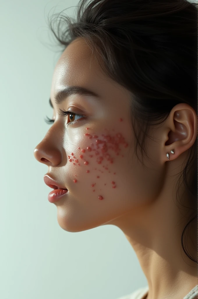 Face of a woman in profile with ultra-realistic acne