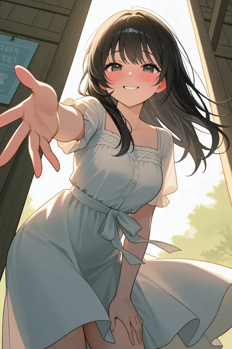 Detailed hand、Hand、Perfect hand,Perspective of a small 、((reaching towards viewer:1.5))、Beautiful thighs、from side、side view、throw、from below、An older sister with a first love, Summer countryside, woman in white dress、bending forward,looking at viewer、look...