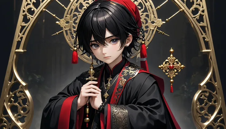 A boy wearing a Santa Claus hat holds a rosary or a small cross in his hand、 emphasizes the connection between faith and mystery 神秘的でゴシックな雰囲気を持つ、 create detailed, dark anime-style male characters。 This character is 、 have dark hair up to one side and sharp...