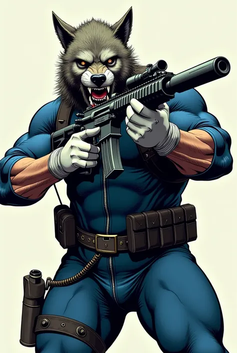 (A rugged beefy extremely muscular bulky old man), (wearing blue zipper wetsuit), (wearing realistic roaring wolf mask), shooting with rifle,  wearing bulky scuba gear, muscular physique, toned muscles, fierce, heroic, action, comic artstyle, bulky best qu...