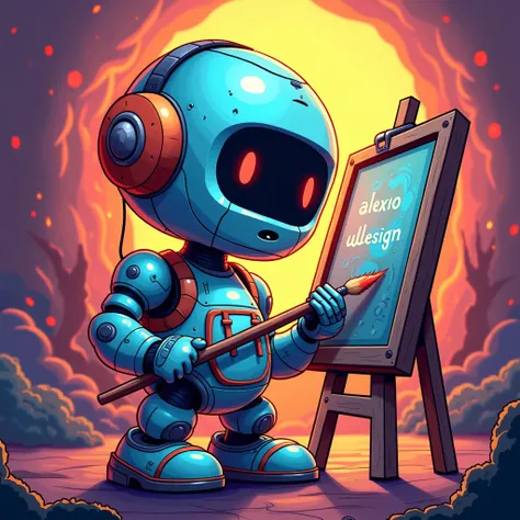  Create an image that says  . ALEXIODESIGN   ,,  next to a cartoon of a robot dressed as an artist painter , With a brush in hand  , a digital background  ,   ,   dont add the names The best quality ,  high resolution ,  Precise,  tall details,  very detai...