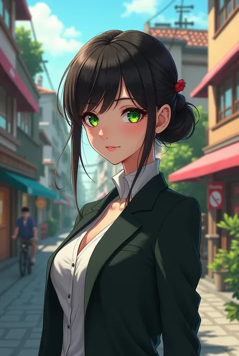 Anime 3D Kara Have green eye She live in town ,mature women wear jacket





