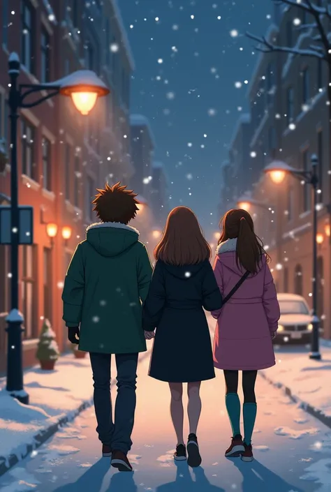 2 girls one boy friend group walking in the snowy street.Anime drawn. Boy with fluffy brown hair wearing a green jacket, one girl wearing a long black jacket, other girl wearing pink jacket. Everyone is 23 years old. its dark outside and street lights are ...