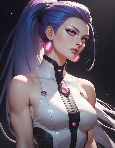 female white sleeveless leather catsuit, bare shoulders, racerback, bare toned arms, beautiful faces, blue ponytail with showing forehead, long ponytail, earrings, soft smooth skin, pale skin, black background, magenta eyes, sci-fi, high contrast, assassin