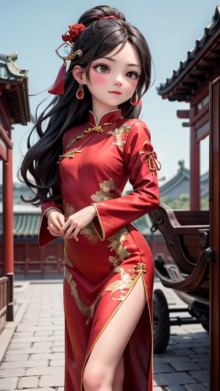 A ultra-detailed illustration of a glowing with incredibly detailed photorealistic elements. A deep, vibrant multicolored image showcasing an ultra-realistic Beautiful Chinese woman with black eyes and an hourglass figure. She has long black hair neatly ti...