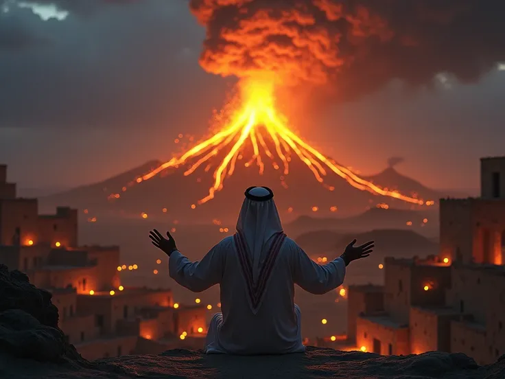 Images of an Arab man with his back turned, looking down on old Arab historical houses, praying with his hands open, while fire falls from the night sky with a volcano eruption.