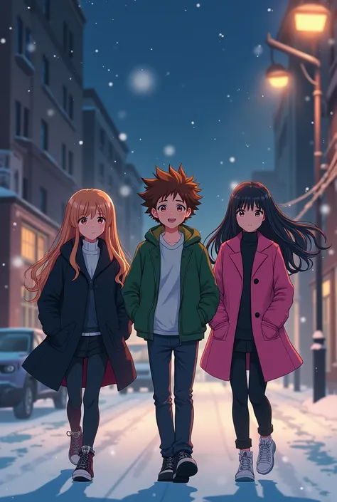 2 girls one boy friend group walking in the snowy street.Anime drawn. Boy with fluffy brown hair wearing a green jacket, one girl wearing a long black jacket, other girl wearing pink jacket. Everyone is 23 years old. its dark outside and street lights are ...