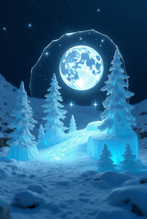 Design a celestial dreamscape ice sculpture scene with a enchanting, ethereal atmosphere. A birds-eye view shot of an ice sculpture of a starry night sky, captured with a 35mm lens on a Nikon D850. The sculpture features twinkling stars and a glowing moon,...