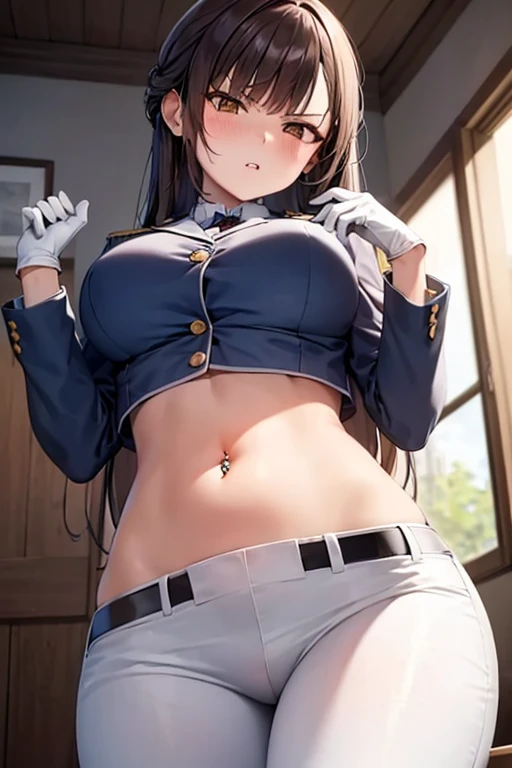 marciana (nikke),super fine illustration, vibrant colors, masterpiece, sharp focus, best quality, depth of field, cinematic lighting, ultra detailed,long hair, long sleeves, brown hair, white gloves, crop top, military uniform, navel piercing, white pants,...