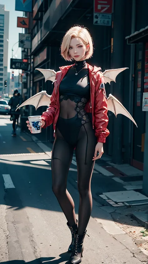  cyberpunk，Android 18，detective，Open your mouth，depressed，Cross Bangs，Collar，Work Clothes，Lace tights，Dragon Wings， behind the head ，Combat boots，Holding a cup，dusk，8-bit games，Photography method