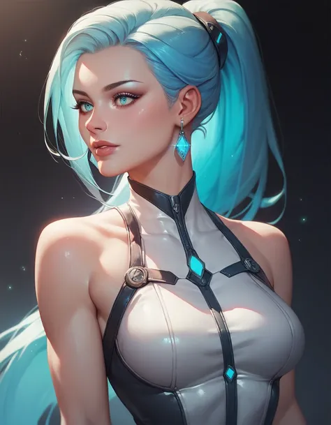 female white sleeveless leather catsuit, bare shoulders, racerback, bare toned arms, beautiful faces, blue ponytail with showing forehead, long ponytail, earrings, soft smooth skin, pale skin, black background, cyan eyes, sci-fi, high contrast, assassin