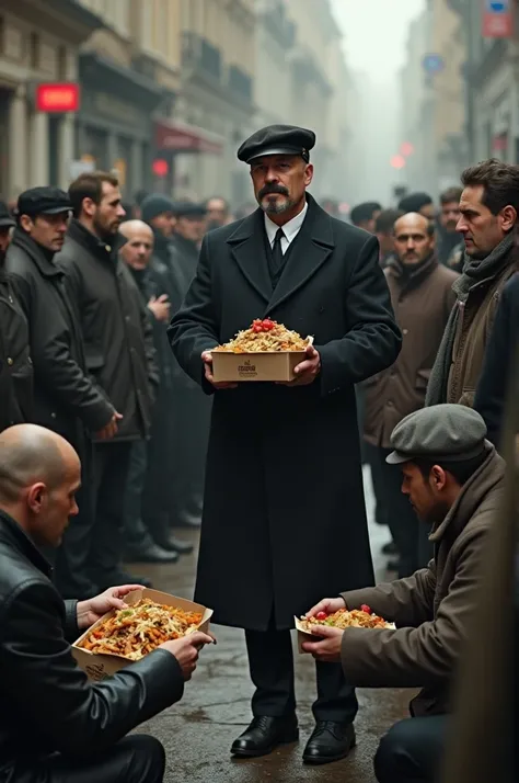 Georges-Louis bouchez, habillé comme Lénine, en train de distribuer des repas aux sdf