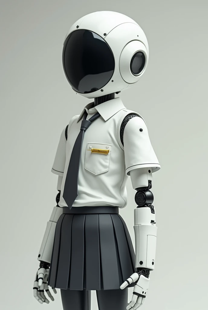 The robot is wearing a high school boys uniform, a white shirt, a short sleeve, with a golden needle attached to his right chest, wearing a student skirt, looking cute like the other photo, is seen in full view.