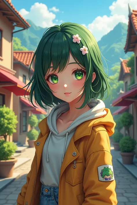 Anime 3D Kara Have green eye She live in town ,18 girl years old wear jacket





