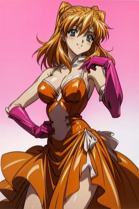 rosettechristopher, masterpiece, best quality, 1girl, blond, hair_tie,, ((orange_dress)), elbow_gloves, pink_gloves, large breasts, cowboy shot,anime coloring, retro style,,masterpiece, best quality, 1girl, smile, happy