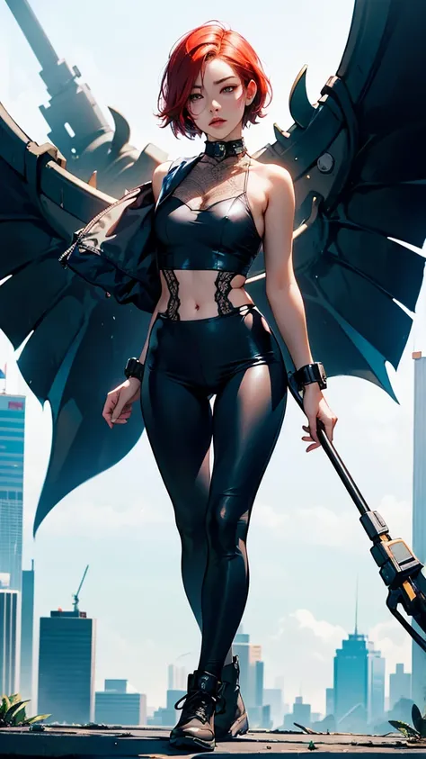  cyberpunk，Android 18，detective，Open your mouth，depressed，Cross Bangs，Collar，Work Clothes，Lace tights，Dragon Wings， behind the head ，Combat boots，Holding a cup，dusk，8-bit games，Photography method