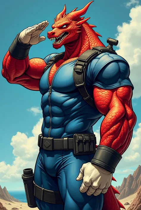 (A rugged beefy extremely muscular bulky red dragon), (wearing blue zipper wetsuit), saluting, wearing bulky scuba gear, very muscular physique, toned muscles, fierce, heroic, action, comic artstyle, bulky best quality, wearing white combat gloves. wearing...