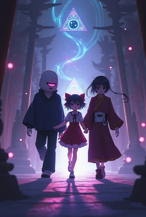 Create me a imagine of Hard Mode Sans, Classic Sans and Reimu hakurei walk together 