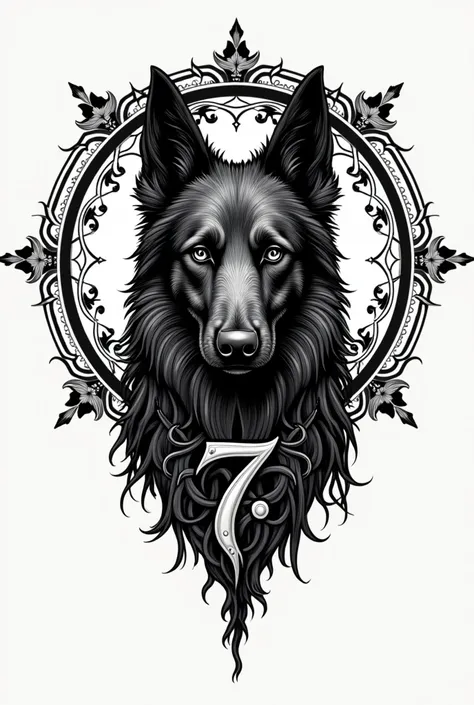 Create a witch symbol for me that includes the number 7 and a Croatian shepherd head.
