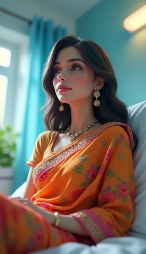 Close up a woman sitting in the hospital on bed 3d animation, wear attractive clothes neck round blouse and saree,good figure,