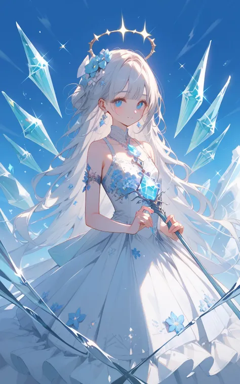 A girl decorated with flowers standing in a crystal garden
Prompt:
"A girl stands in a garden of giant, light-reflecting crystals. Her gown is a layered blend of pure white and soft blue, decorated with floral reliefs and silver embroidery. Her flowing hai...