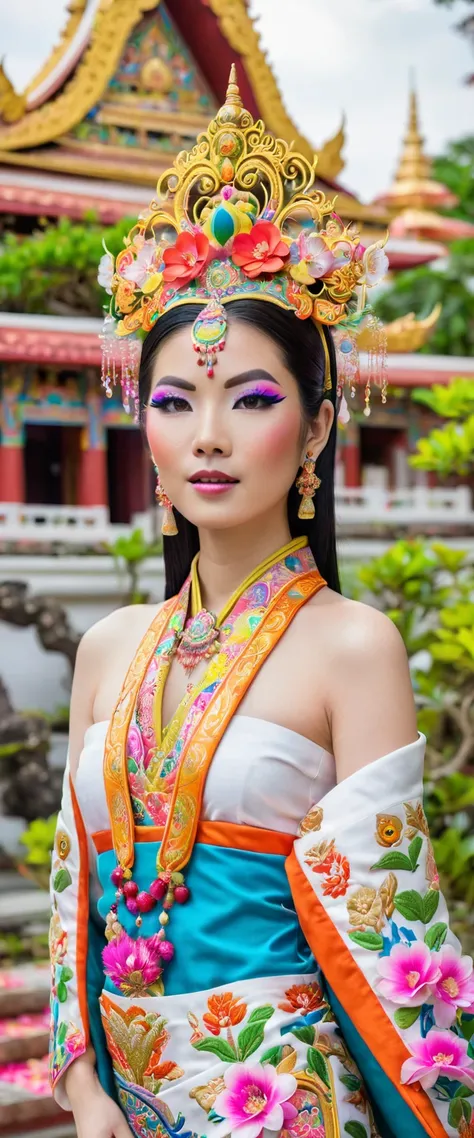 Portrait of a female model of Thai-Japanese origin, smooth white skin, using high-end cosmetics, cosplaying as a female bodhisattva, colorful embroidered brocade costume, temple courtyard setting with colorful flower garden