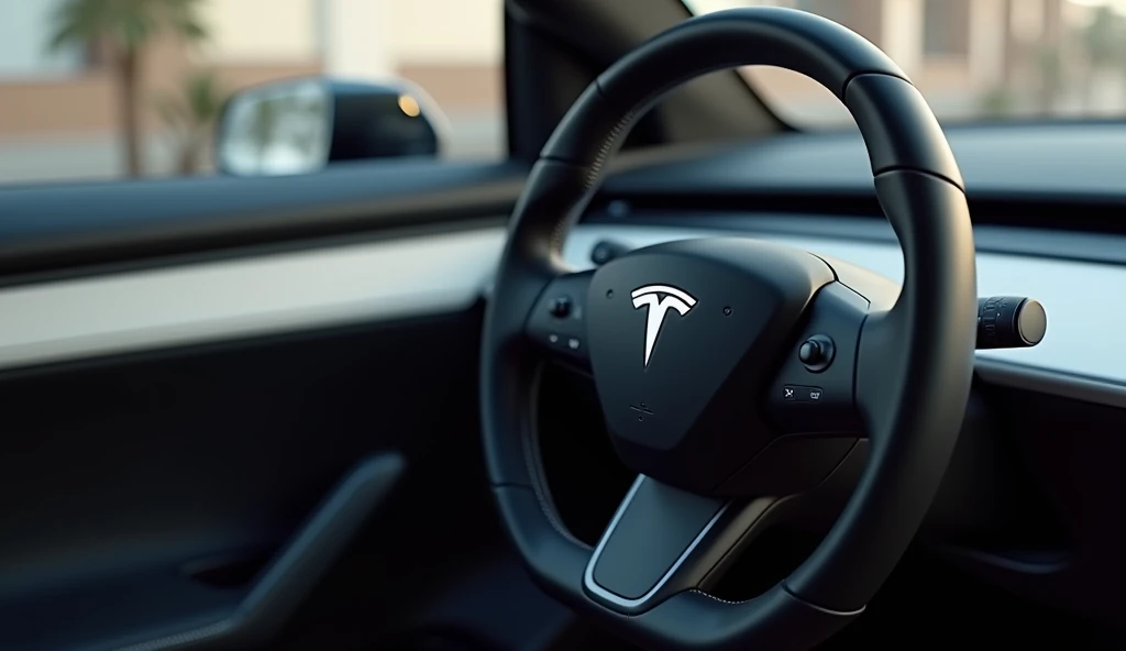 """"Create a detailed view of the steering wheel of a futuristic 2025 Tesla Model 2 car. The steering wheel has a sleek, minimalist design with a compact, futuristic shape, possibly a yoke-style or round wheel. It features integrated touch-sensitive contro...