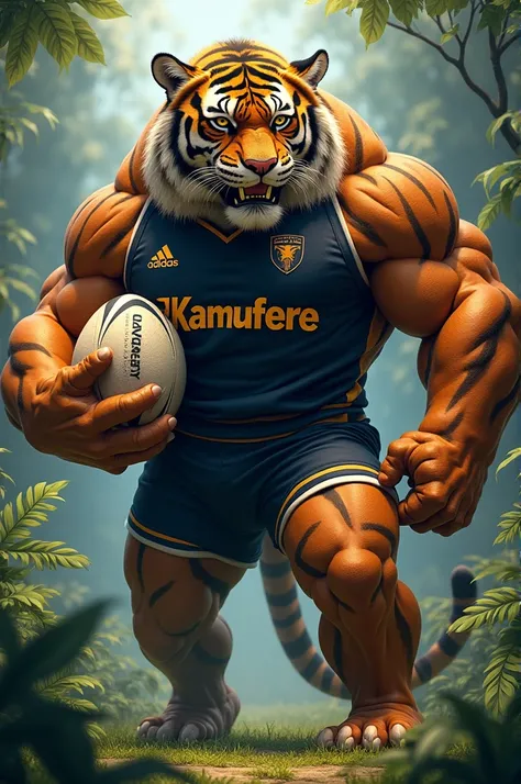 A muscular giantic tiger wearing jersey written kamufere and holding a rugby ball 